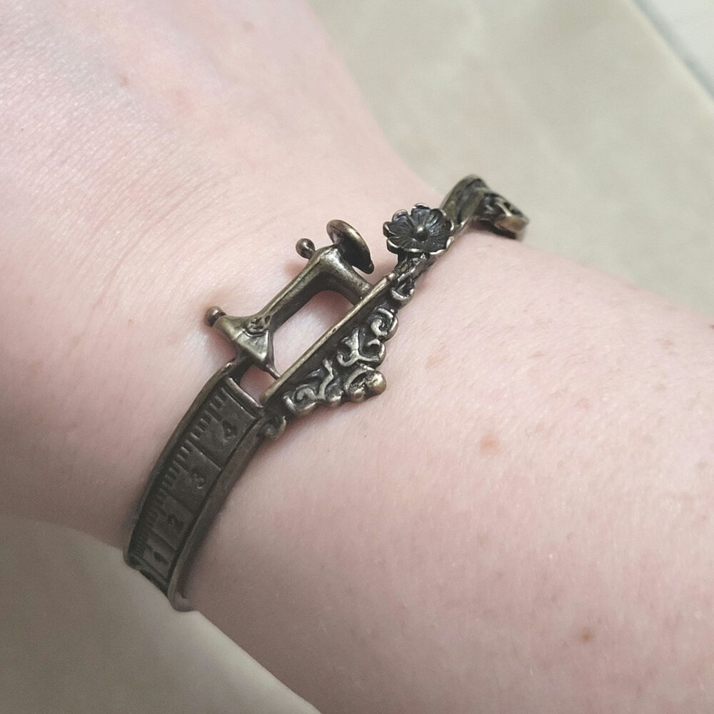 Sewing craft theme floral bronze tone bangle bracelet